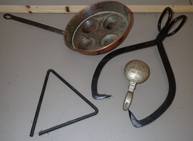 Iron Dinner Bell , Ice Tongs, Ice Shaver, & Gem Pan