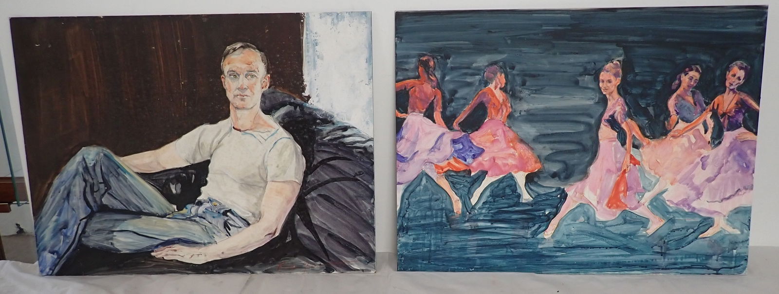 2 Rhoda Yanow Watercolors on Board: Apprx 18" X 24". Man is signed in lower right corner. Shipping available