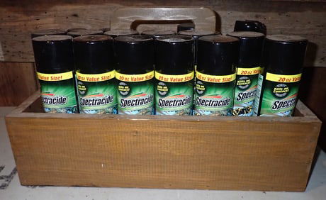 Wooden Tote w/ Wasp Spray , Foam , & Misc