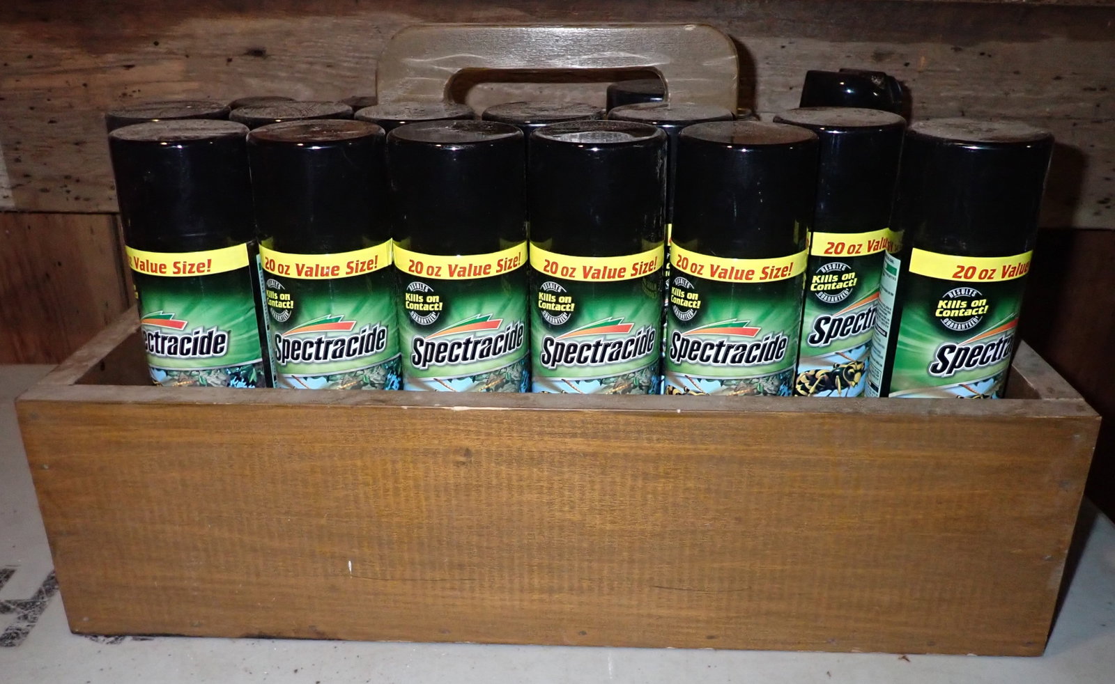Wooden Tote w/ Wasp Spray , Foam , & Misc: Tote is apprx 13" x 21 3/4" x 12 1/2" tall. No in house shipping !