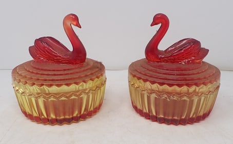 Pair of Swan Carnival Glass Covered Dishes