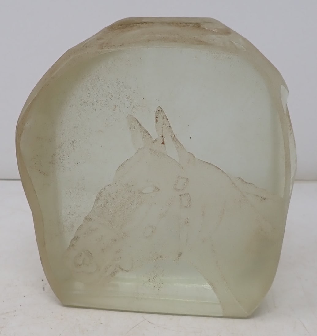 1973 Signed Etched Horse Bookend: Approx 2 3/4" x 4 1/2" x 5" tall. Shipping available