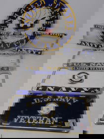 U.S. Navy Tin Sign , License Plate Brackets, & Belt Buckle