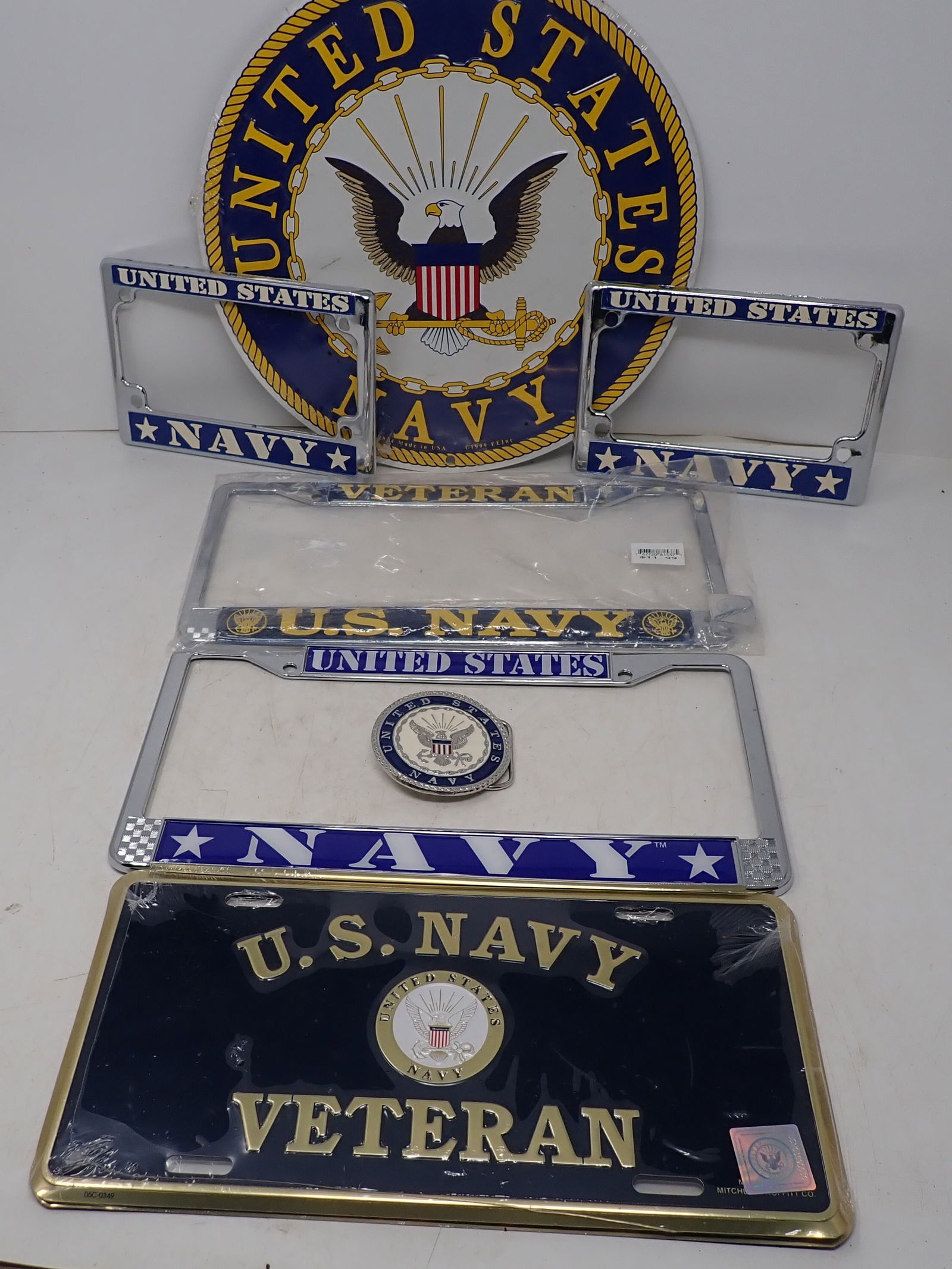 U.S. Navy Tin Sign , License Plate Brackets, & Belt Buckle (1 of 4)