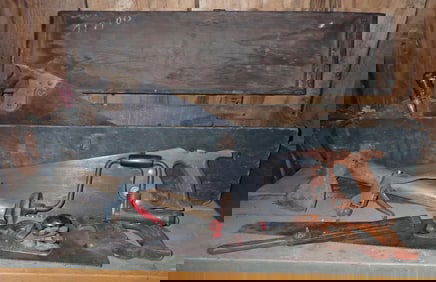 Wood Tool Box w/ Hachet , Plane , Saws , & Misc