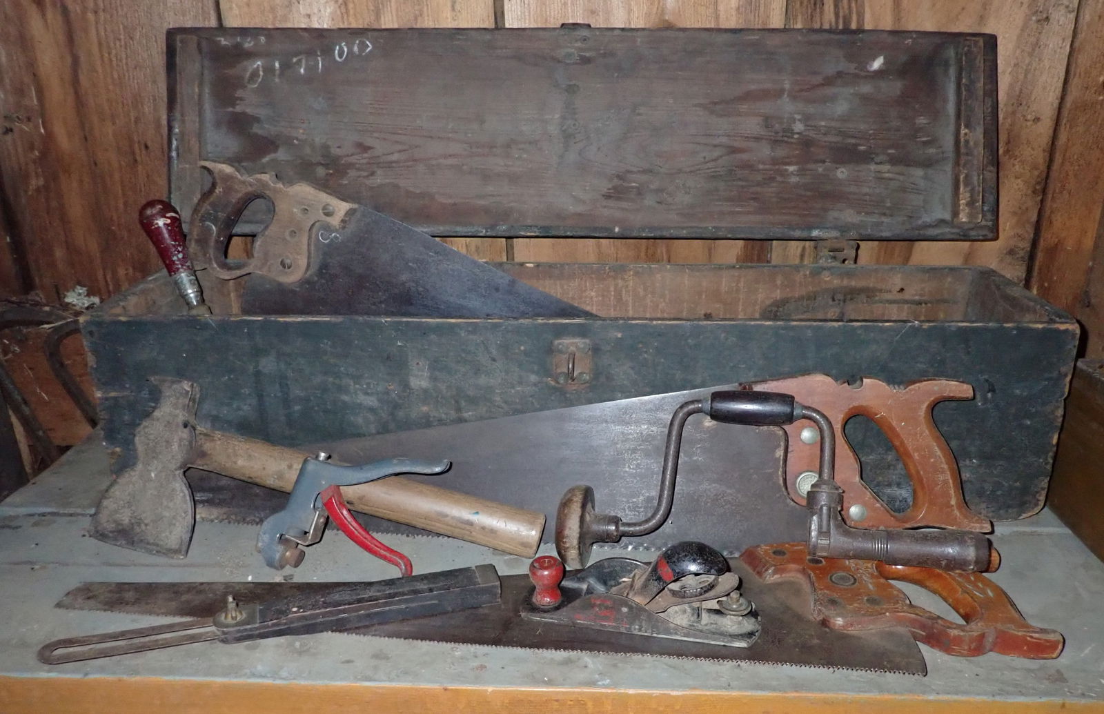 Wood Tool Box w/ Hachet , Plane , Saws , & Misc (1 of 10)