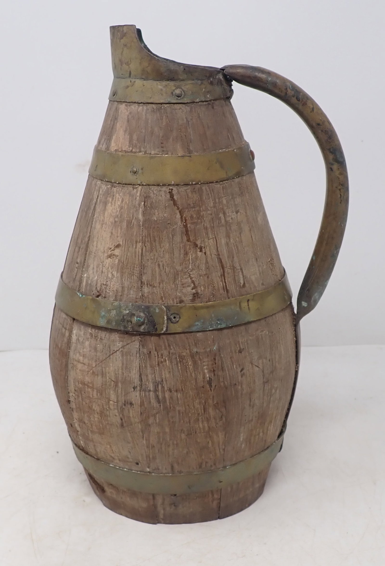 Wooden Brass Banded Ale Pitcher: Apprx 6" in diameter and 11 1/4" tall. Shipping available