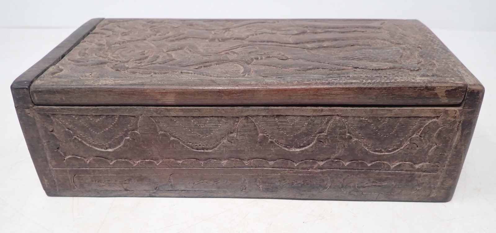 Wood Carved Box w/ Figures & Deer: Approx 4" x 7 3/4" x 2 3/8" tall. Shipping available