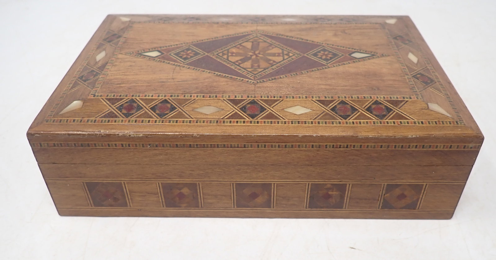 Marquetry Trinket Box w/ Mother of Pearl: Approx 4 3/4" x 7 3/8" x 2" tall. Shipping available