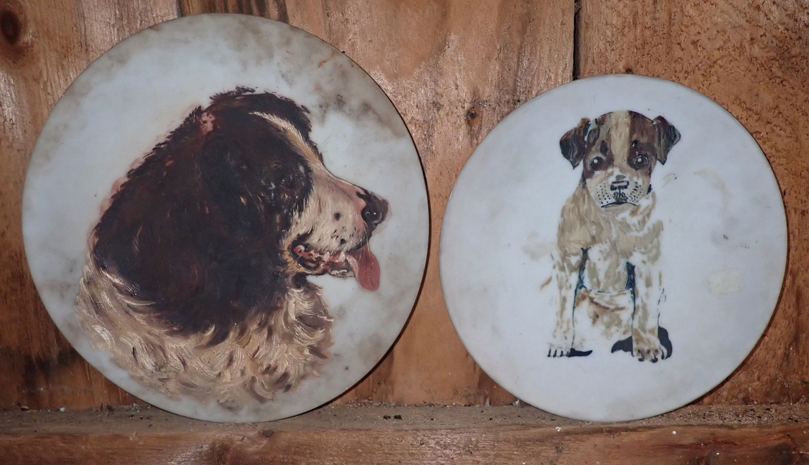 Early Hand Painted Dog Plates: Largest is approx 12 1/4" in diameter. Shipping available