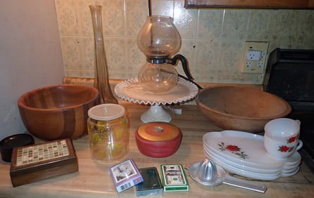 Milk Glass Cake Stand , Wooden Bowls & Misc