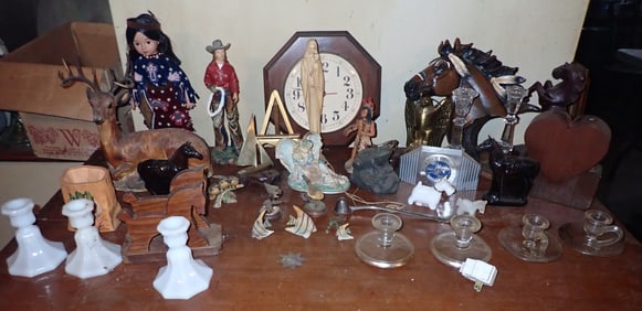 Chalkware Deer Bank , Figurines , Howard Miller Clock , & Misc