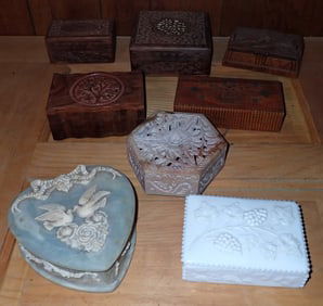 Misc Boxes incl Carved Wood , Soapstone, Milk Glass