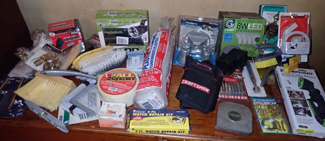 Spotlights , Plastic Sheeting , Jigsaw Blades , Craftsman Tool Pouch , & Misc