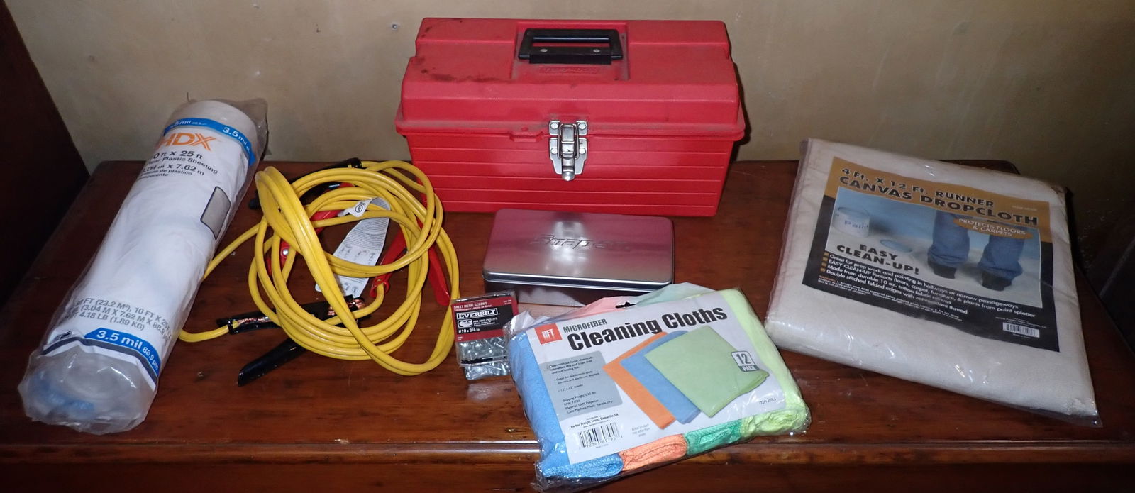 Jumper Cables , Drop Cloth , Plastic Sheeting , & Misc: Snap On Flashlight / Knife box is empty. Shipping available