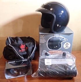 Fuel Motorcycle Helmet , Handlebar Bag , & Coleman Goggles