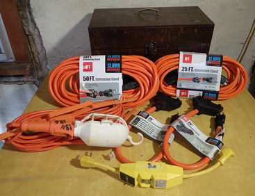 Wood Box w/ Extension Cords & Drop Light