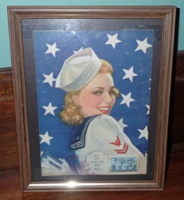 1945 Navy Pin Up Girl Litho w/ First Day Issue Stamp
