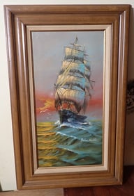 Signed Clipper Ship Oil on Canvas Painting