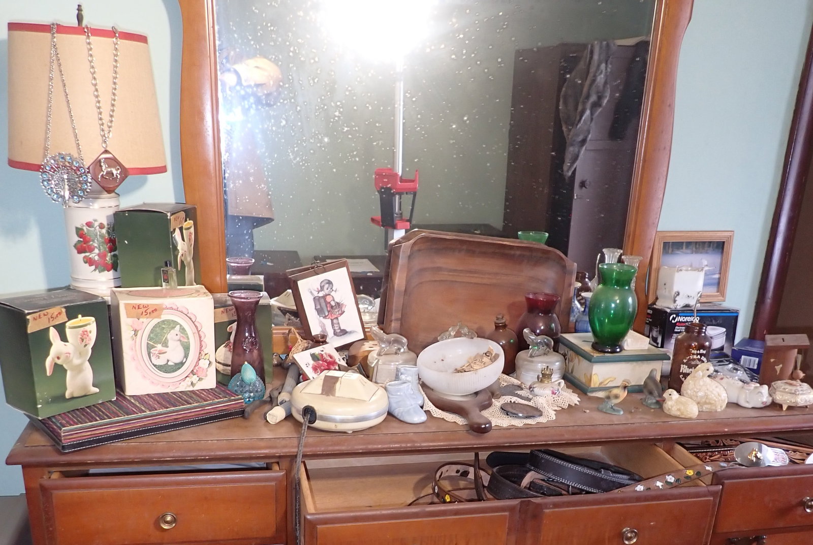Belts , Vases , Candles , Jars , & Misc: Lot includes all on dresser. Dresser not included. Take what you want and leave the rest. No in house shipping ! Buyer to remove from second floor , with tight curved steps ! No in house shipping !