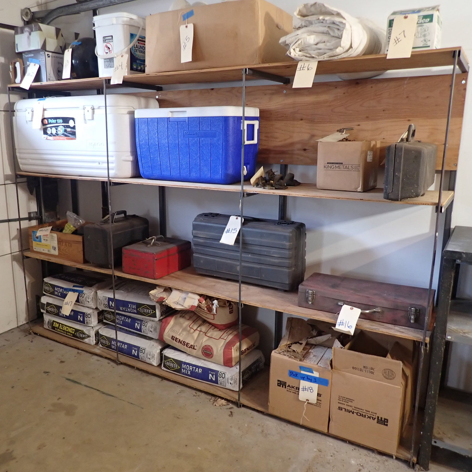 Steel & Plywood Shelving Unit: Pick up AFTER 3pm only ! Does not include items on it. Approx 19 1/2" x 96" x 64 3/4" tall. Bring proper help to load. No in house shipping !