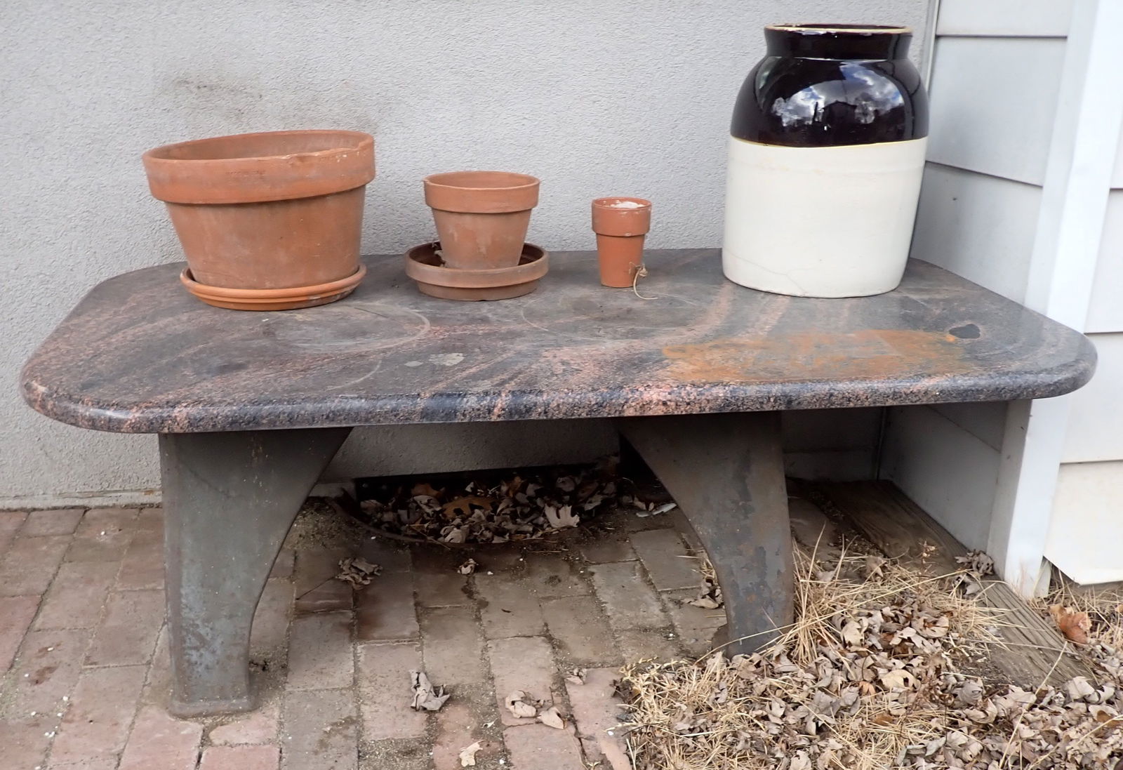 Marble Top Coffee Table w/ Industrial Legs: Top is apprx 1 1/4" x 28 3/4" x 52 1/2". Total height is approx 17 3/4" tall. Bring stong help to remove ! No in house shipping ! If we have snow or ice by pick up time, buyer is responsible for diggi