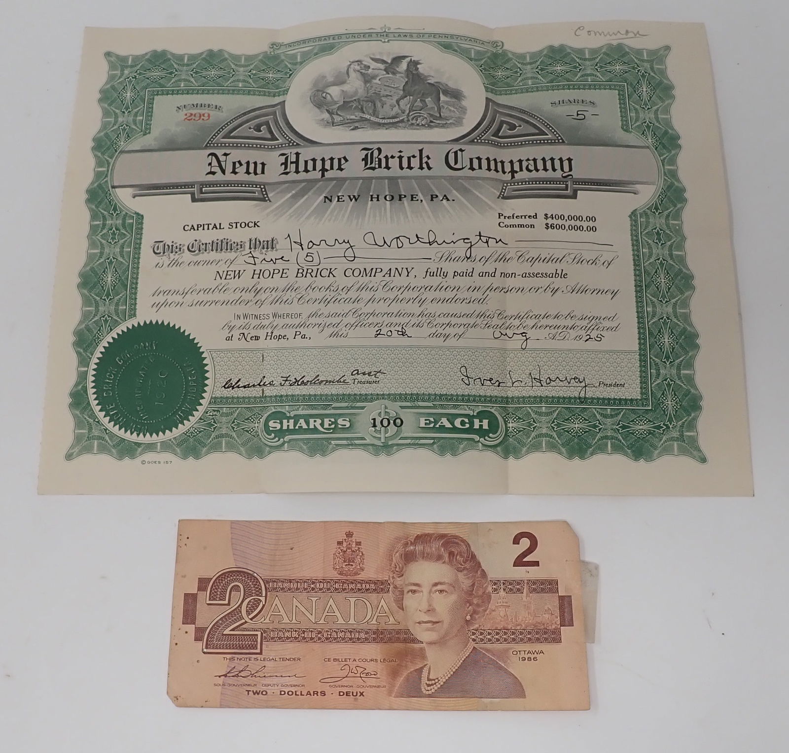 1925 New Hope Brick Company Capital Stock Certificate (1 of 6)
