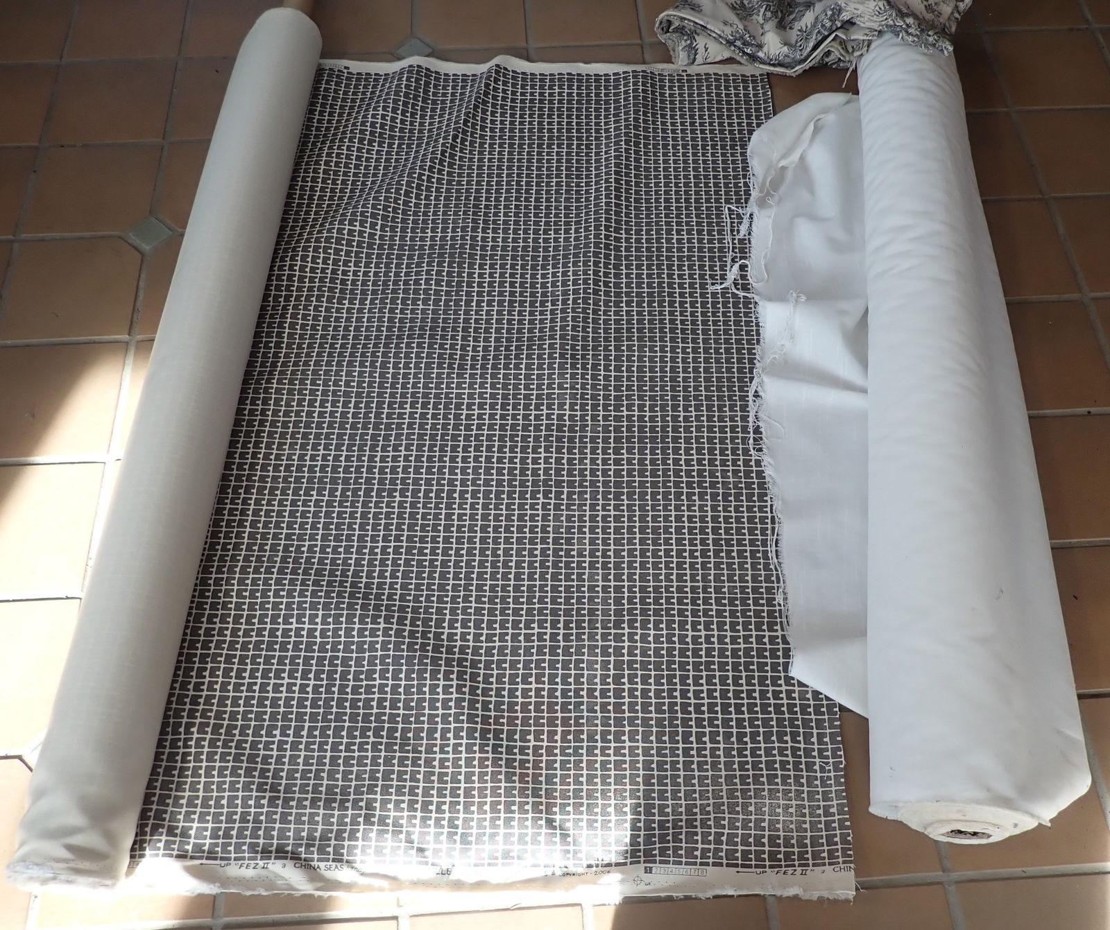 China Seas Fez II Quadrille & Misc Fabric: Fabric on rolls is approx 56" wide. Not sure of length. No in house shipping !