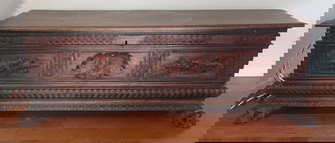 Early Italian Carved Walnut Dowry / Blanket Chest