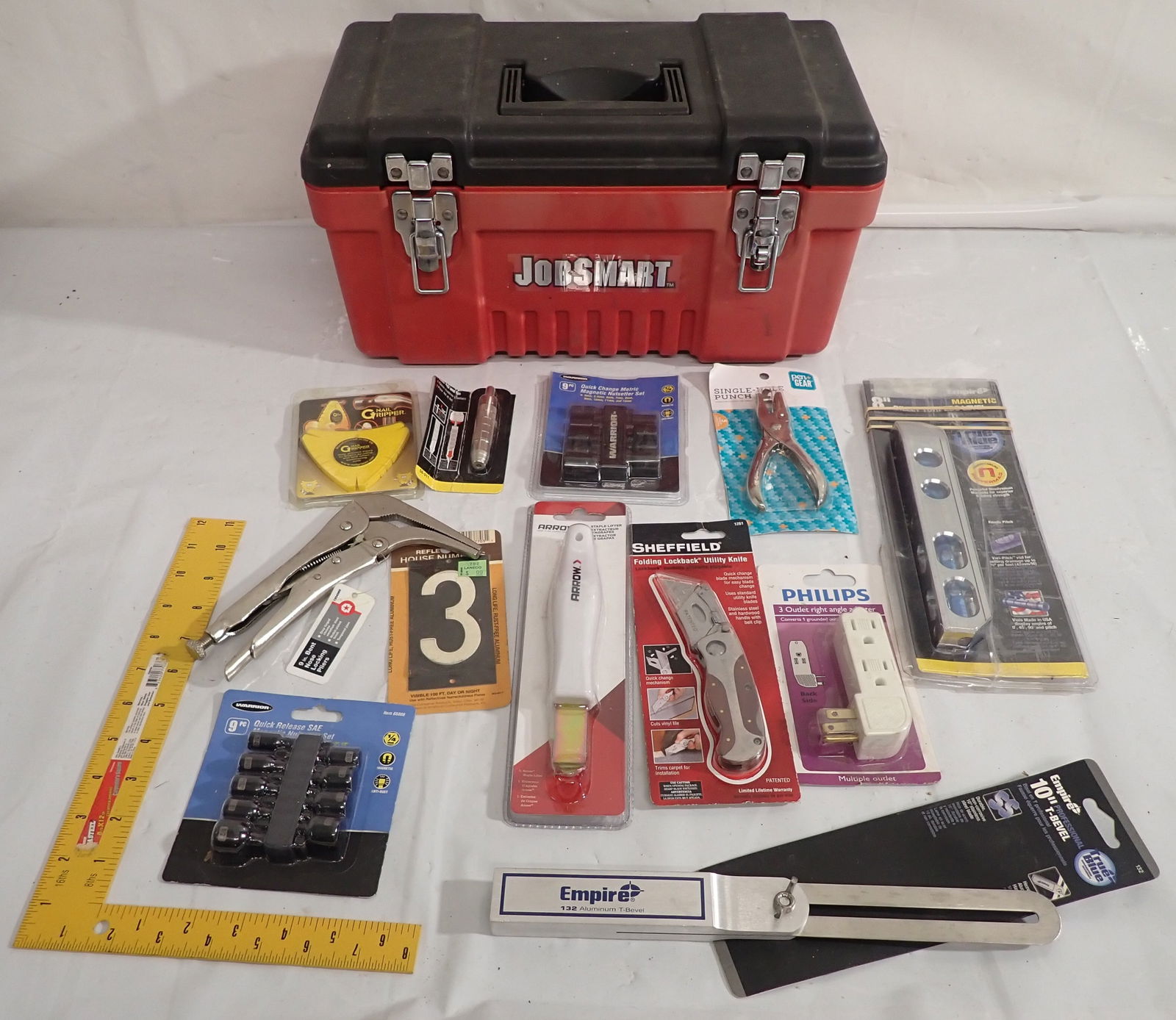 Nose Locking Pliers, Empire T-Bevel, Utility Knife & Misc: Box is approx 10" x 15 1/2" x 8" tall. Shipping available