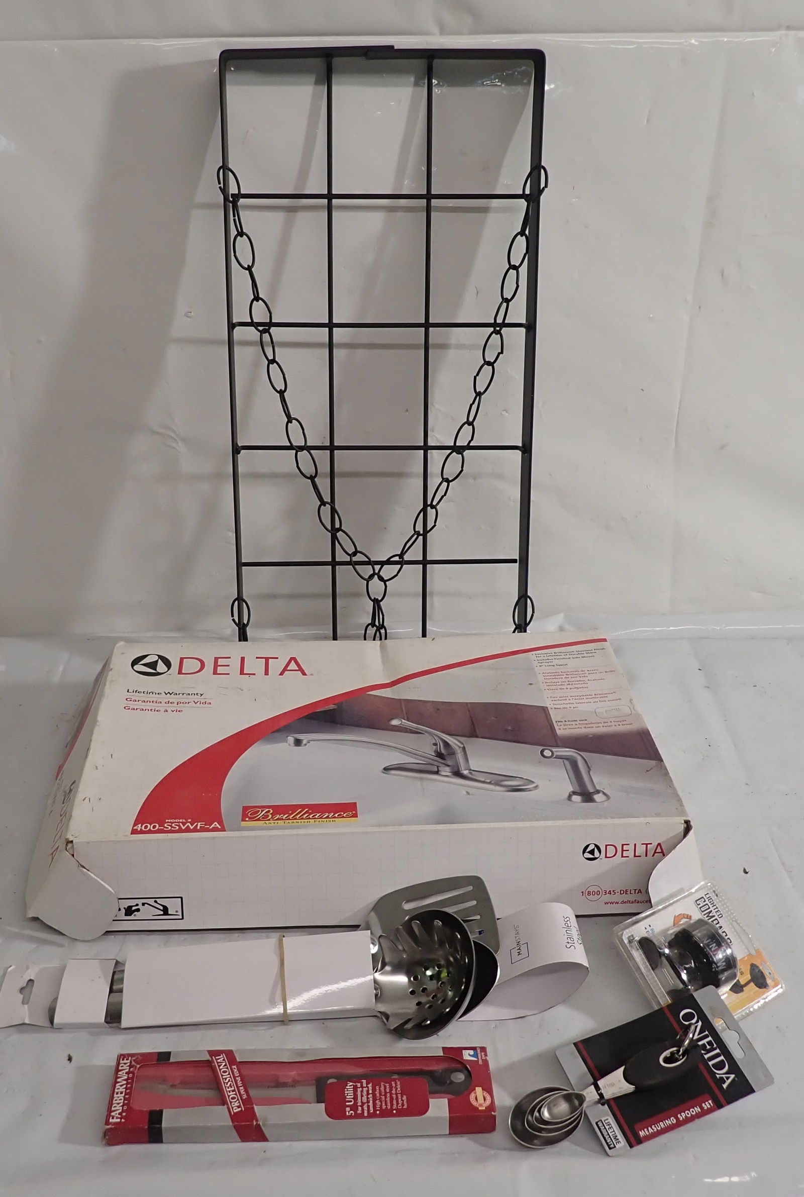 Delta Faucet, Hanging Pot Rack, Farberware Knife, & Misc (1 of 4)