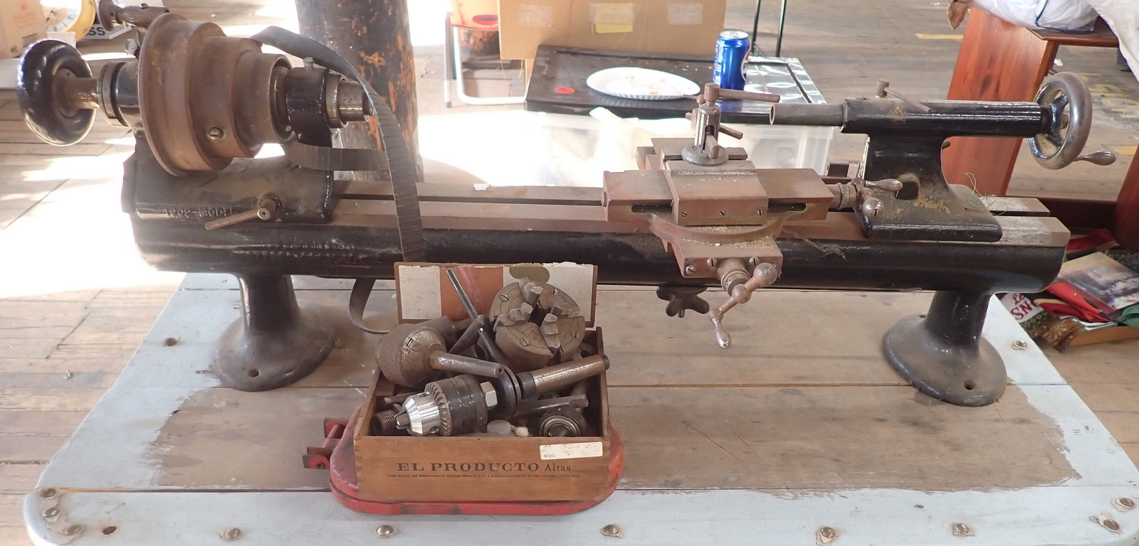 Antique Wood Lathe 1902 Model: Takes apprx 18" stock. Items are located on the second floor. These are not located in the section of the building we normally have sales. There is a loading dock you can back into and walk down