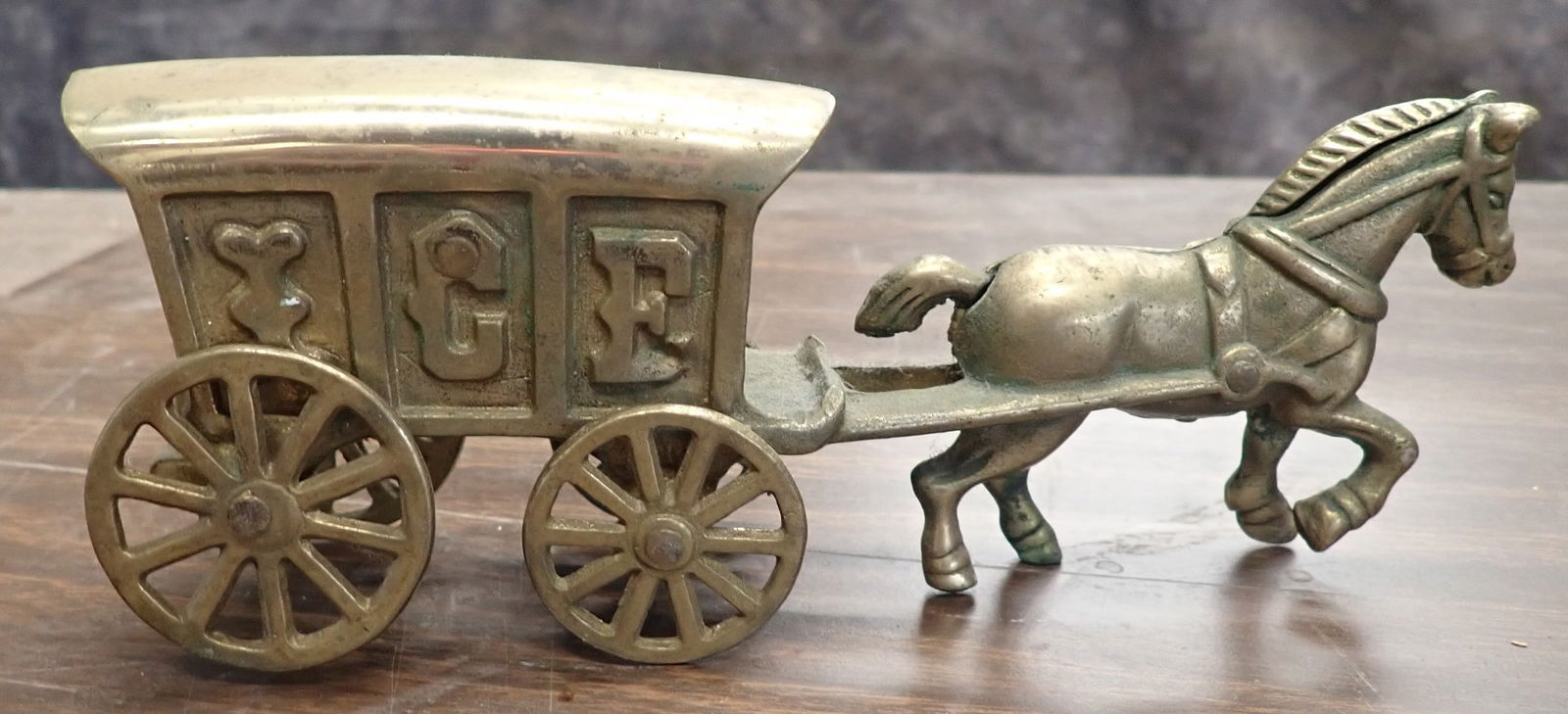 Brass Horse Drawn Ice Wagon: Approx 8 1/4" long. Shipping available