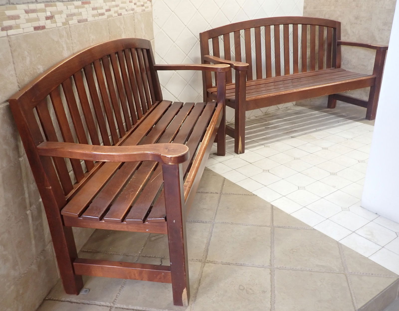 2 Porch Benches: Approx 60" long, 16" to seat, 18" deep, 35 1/2" tall. Bring help to load ! NO in house shipping ! Items are located on the second floor. These are not located in the section of the building we