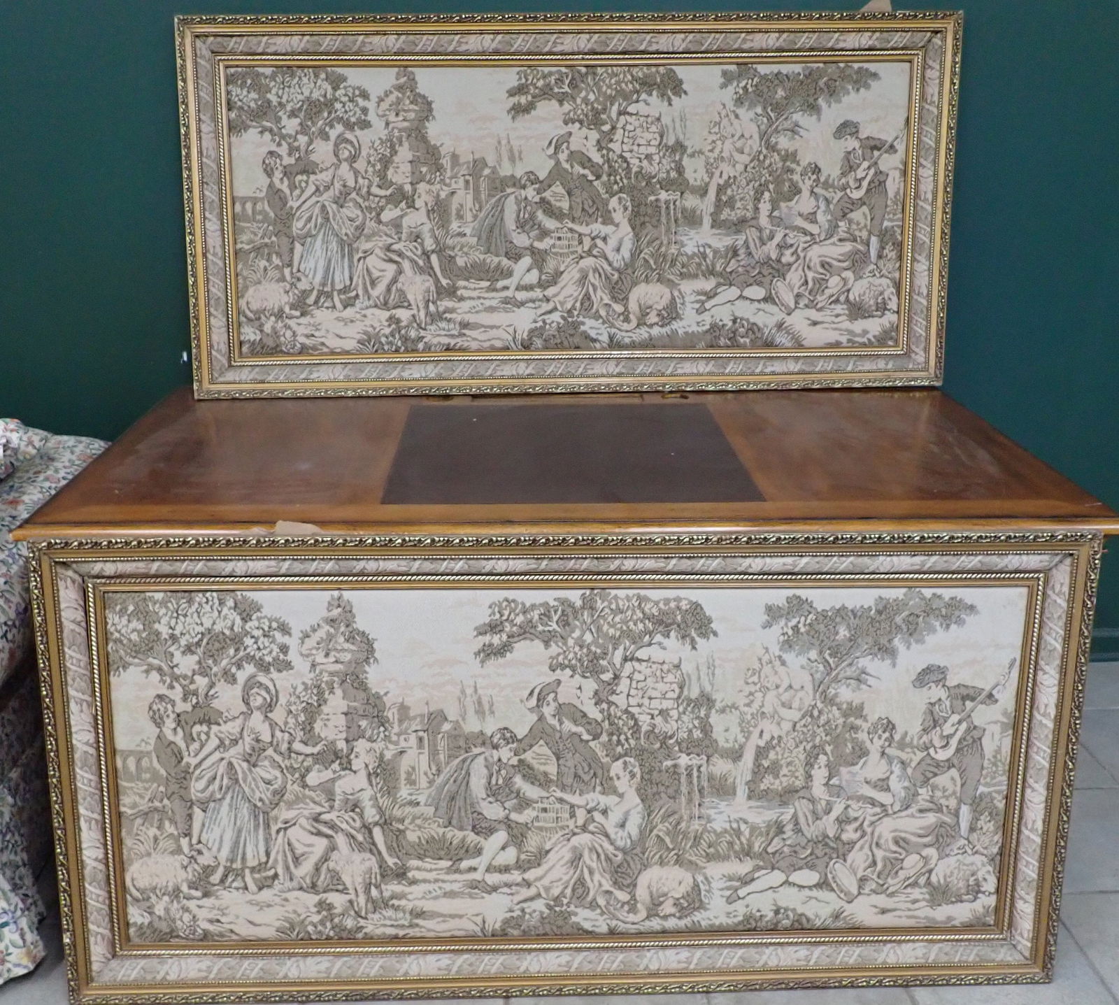 2 Framed French Style Tapestries: Apprx 30 1/4" x 63 1/4". NO in house shipping ! Items are located on the second floor. These are not located in the section of the building we normally have sales. There is a loading dock you can