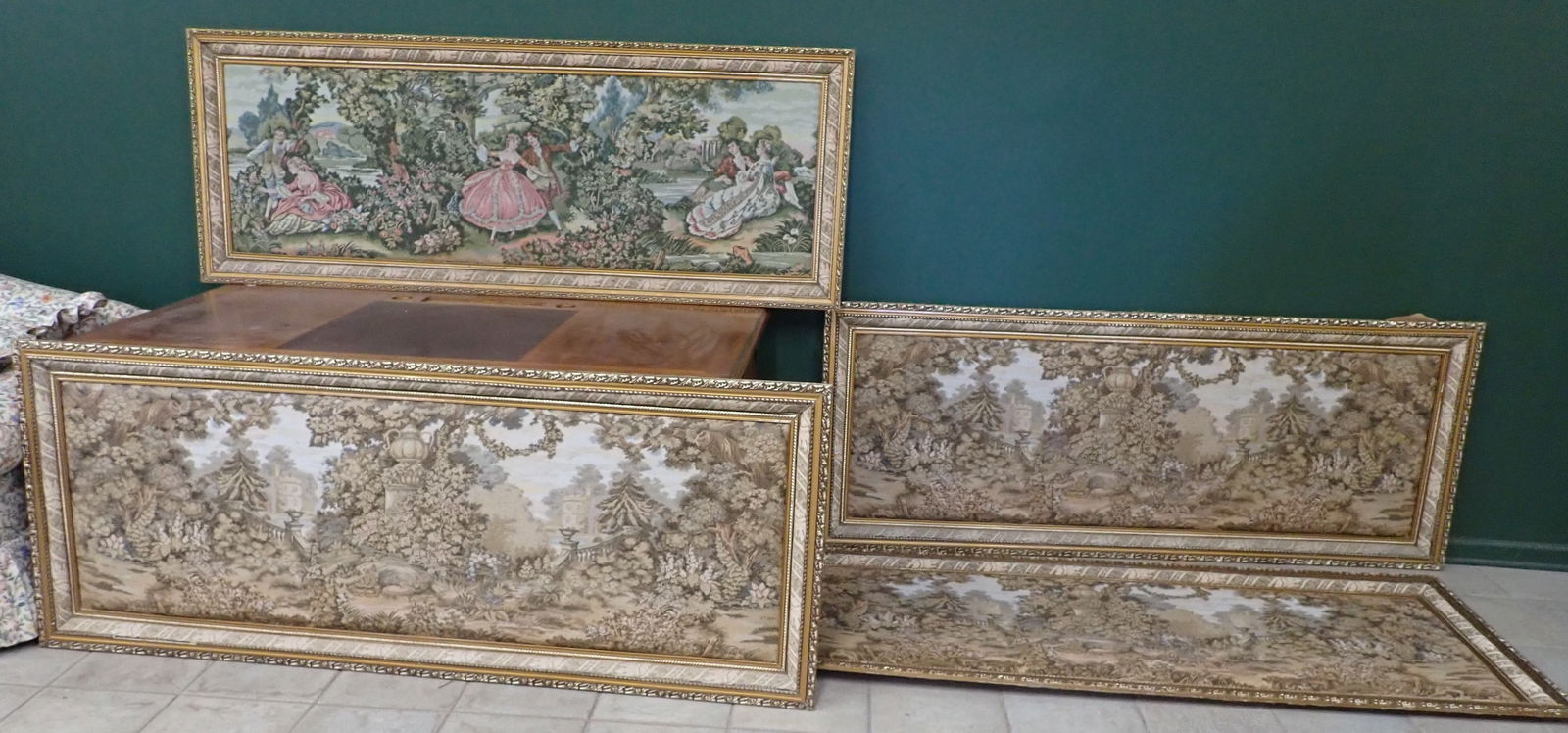 4 Framed French Tapestries: Approx 31" x 78". NO in house shipping ! Items are located on the second floor. These are not located in the section of the building we normally have sales. There is a loading dock you can back