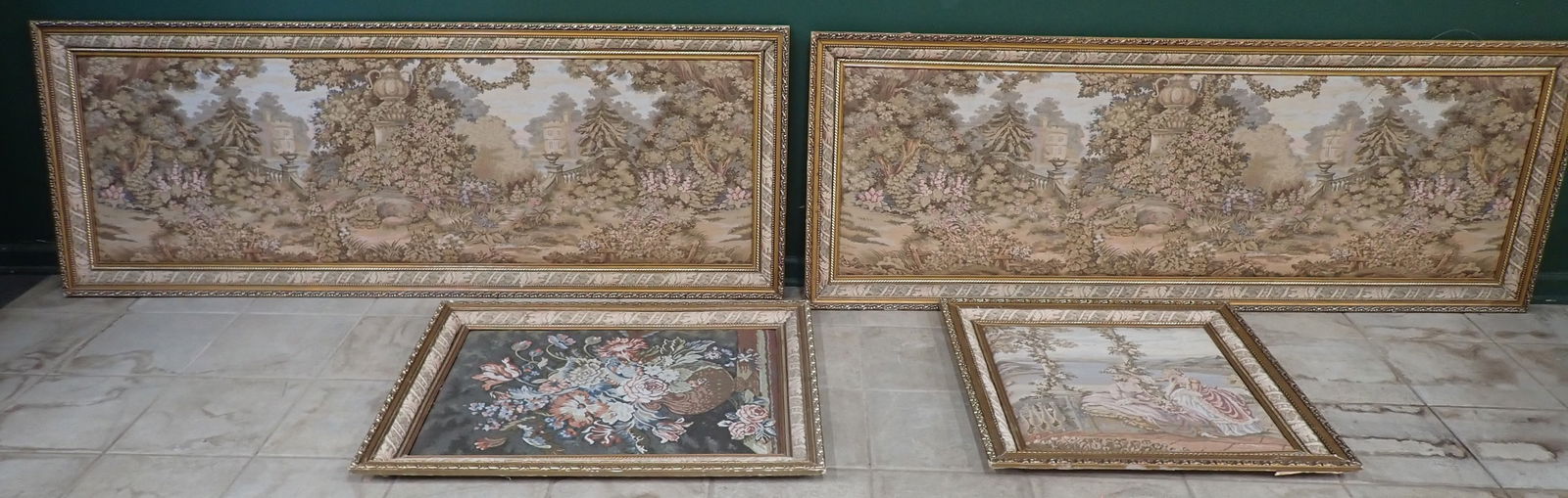 4 Framed French Style Tapestries: Largest are apprx 29" x 77 1/2". NO in house shipping ! Items are located on the second floor. These are not located in the section of the building we normally have sales. There is a loading dock