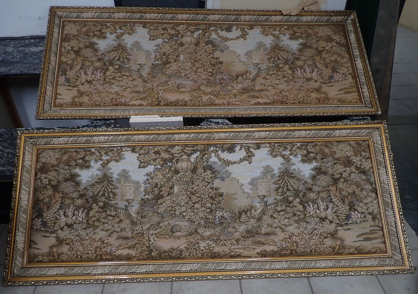 2 French Style Tapestries: Apprx. 31" x 78". NO in house shipping ! Items are located on the second floor. These are not located in the section of the building we normally have sales. There is a loading dock you can back