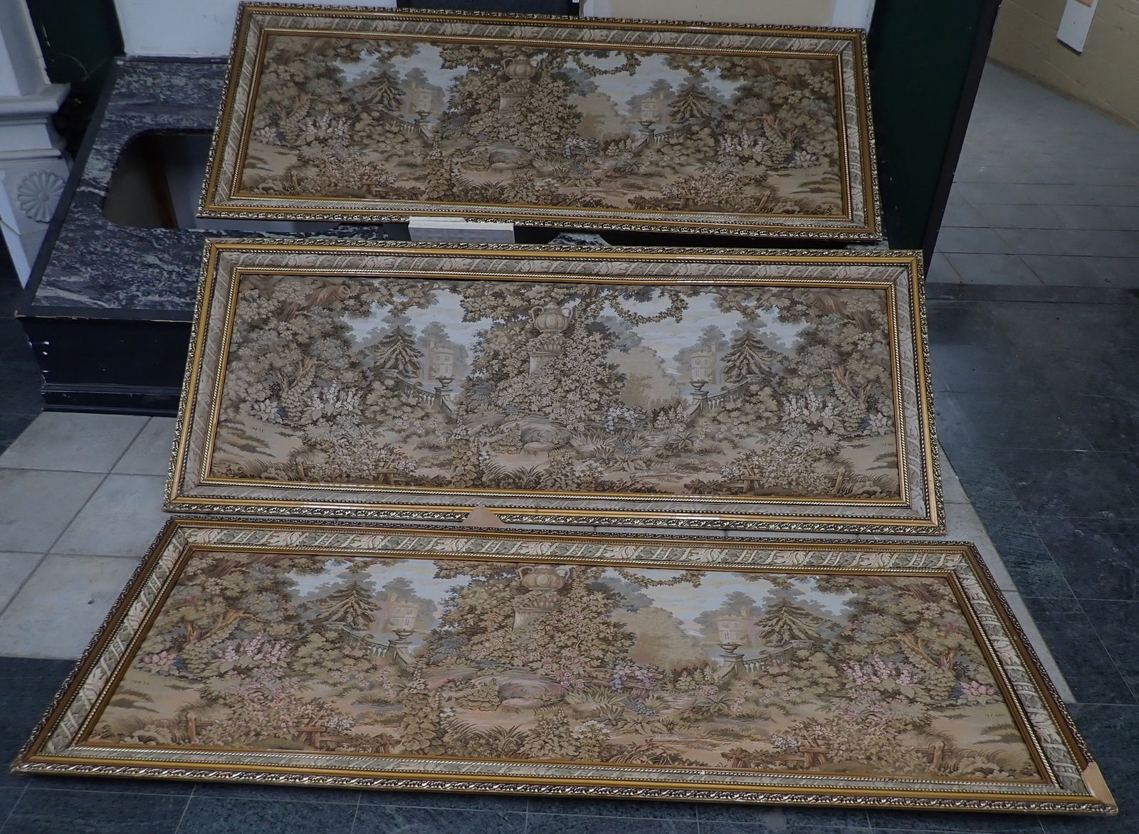 3 French Style Tapestries: Approx 31" x 78". NO in house shipping ! Items are located on the second floor. These are not located in the section of the building we normally have sales. There is a loading dock you can back