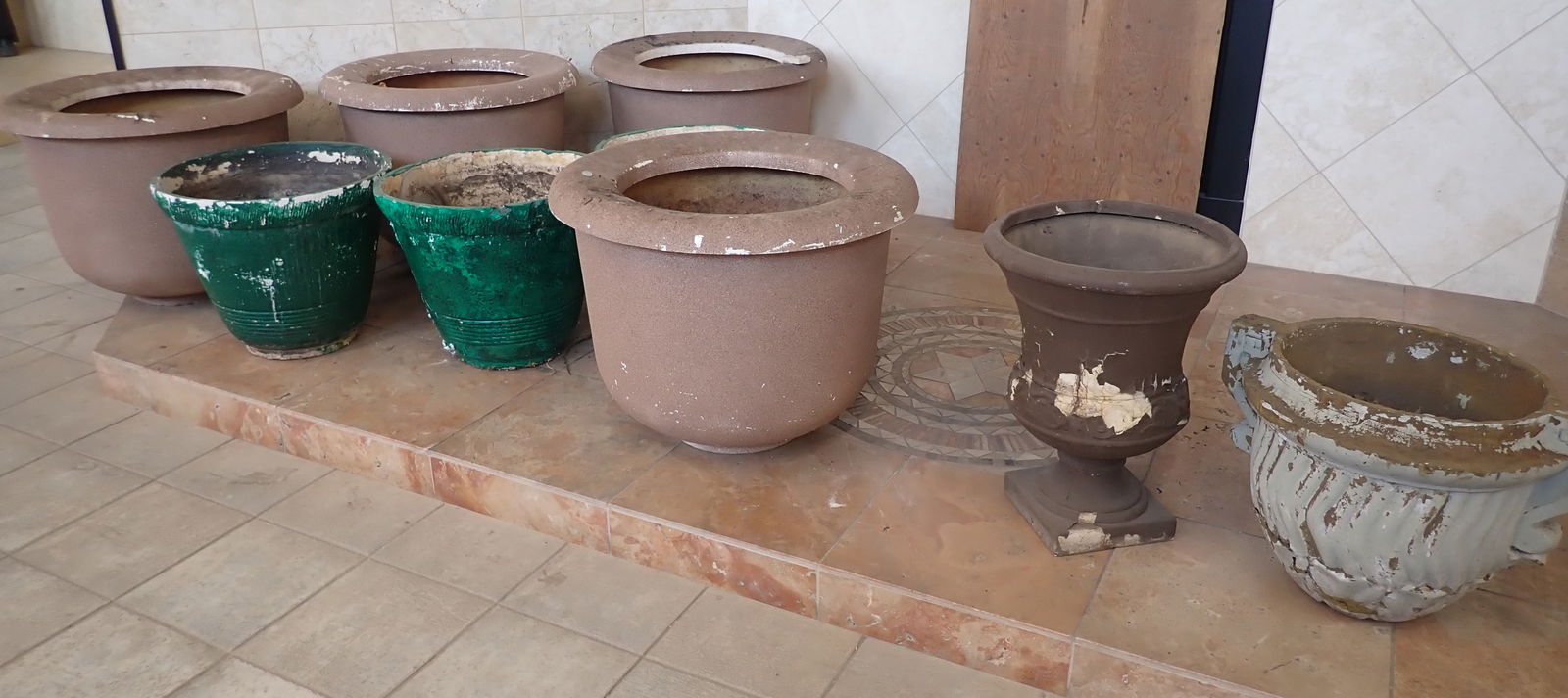 Plaster & Resin Flower Pots: Largest are approx 29 1/2" x 23". Green ones are plaster. Bring help to load. NO in house shipping ! Items are located on the second floor. These are not located in the section of the building we