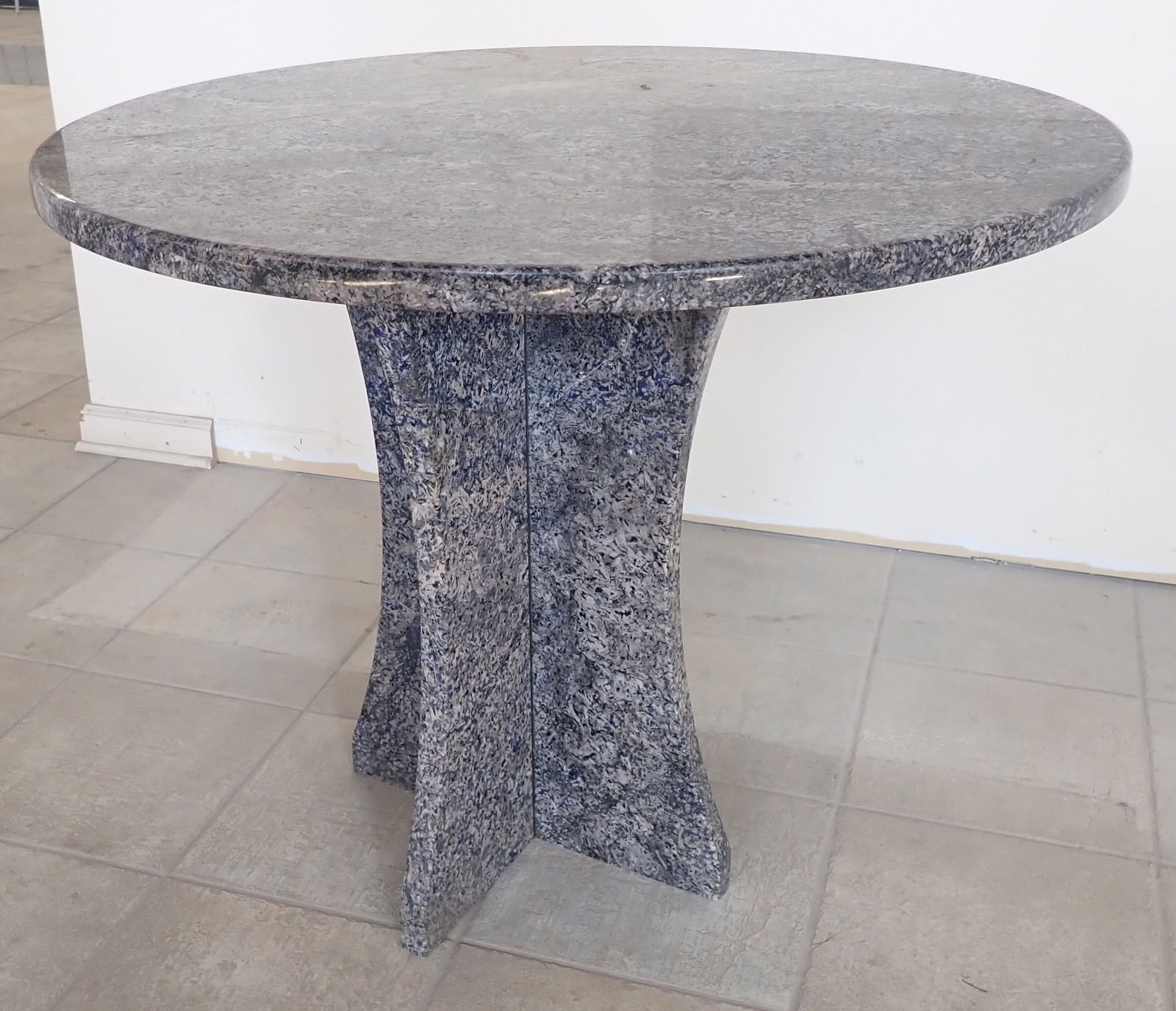 Blue Granite Table: Apprx 36" in diameter and 30 1/4" tall. It is 2 pieces. Bring proper help to remove. NO in house shipping ! Items are located on the second floor. These are not located in the section of the