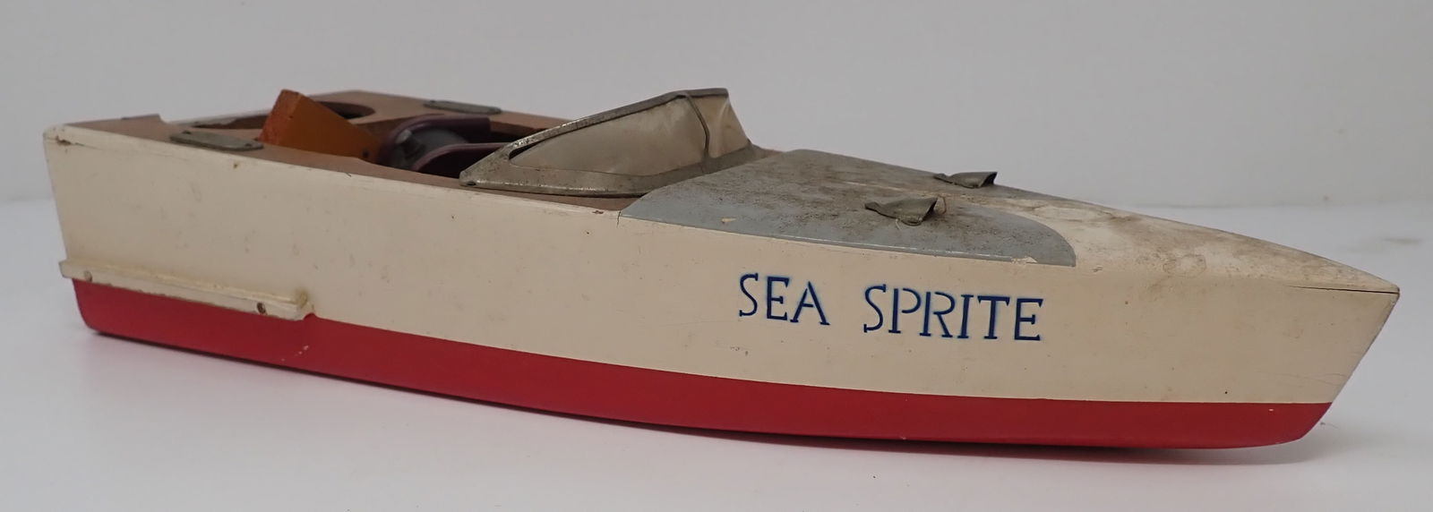 Wooden Sea Sprite Battery Operated Motor Boat: Approx 4 1/2" x 12" x 2 3/4" tall. Shipping available