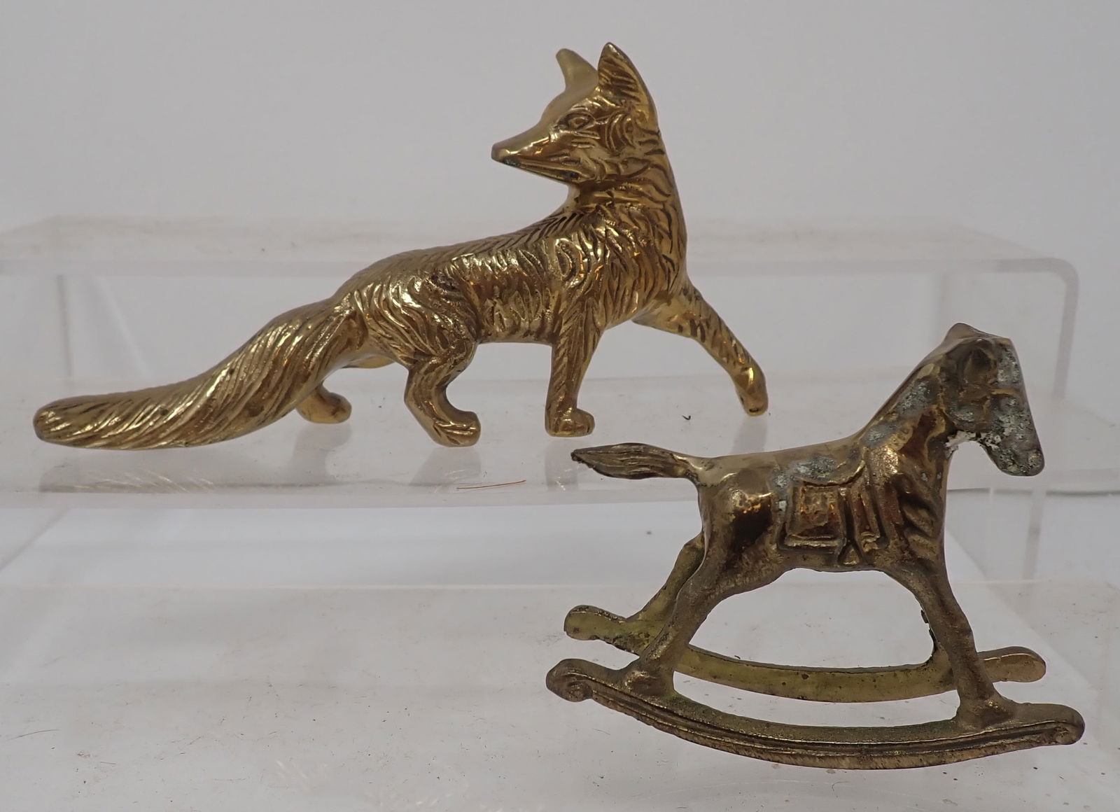 Brass Fox & Rocking Horse: Fox is approx 6" long and 3 1/4" tall. Shipping available