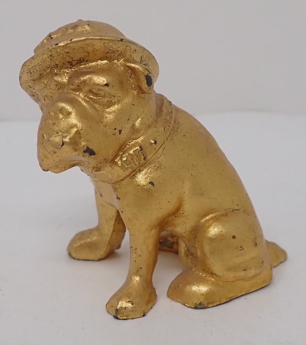 Lead Mack Bulldog Paperweight w/ Brass Finish: Approx 2 1/4" tall. Shipping available