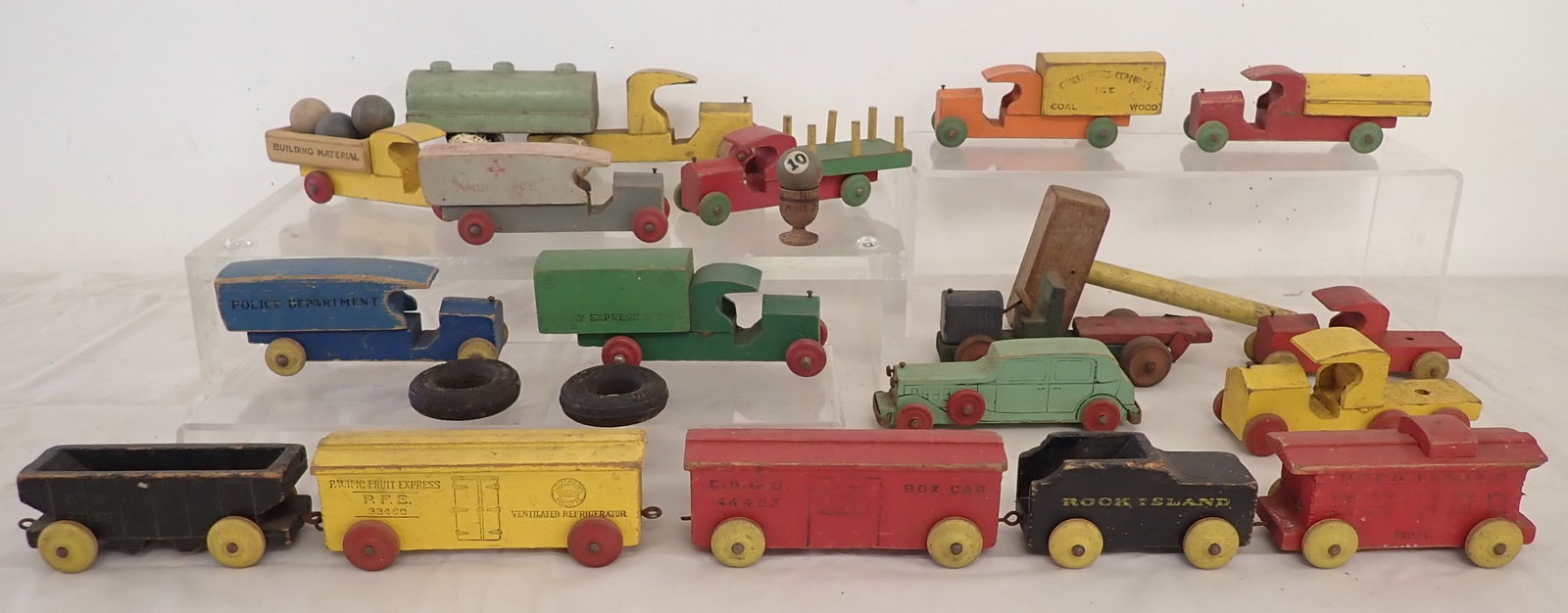Wooden Trucks & Train: Largest truck is apprx 8" long. Shipping available ($20 handling charge, plus postage)