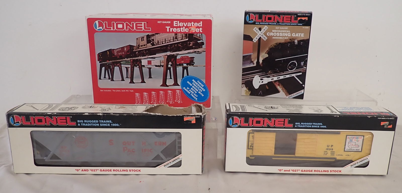 Lionel Trestle Set, Crossing Gate, Boxcar, & Hopper: We do not guarantee they are complete. Sold as pictured. Shipping available