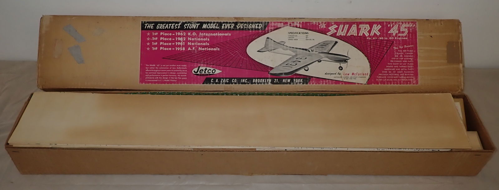 C.A. Zaic Jetco Shark 45 Stunt Model Airplane: We do not guarantee it is complete. Sold as pictured. Shipping available ($20 handling charge, plus postage)