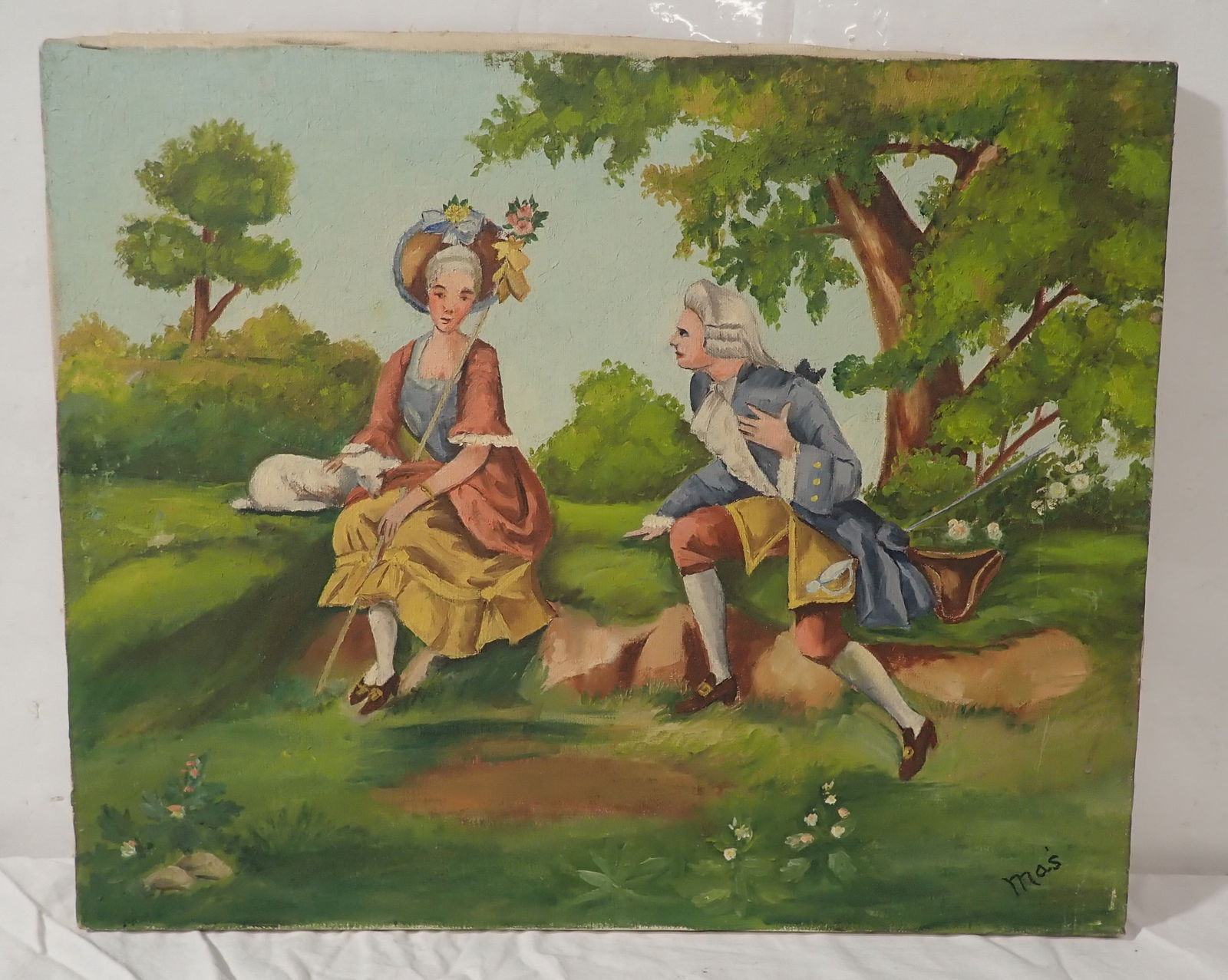 Mas Oil on Canvas Victorian Painting: Approx 16 1/4" x 20". Shipping available ($35 handling charge, plus postage)
