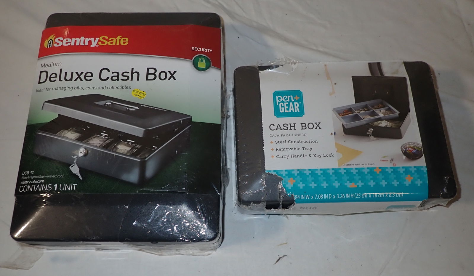 Sentry Safe & Pen Gear Cash Boxes: Largest is apprx 9" x 11 3/4" x 3 1/2" tall. Shipping available