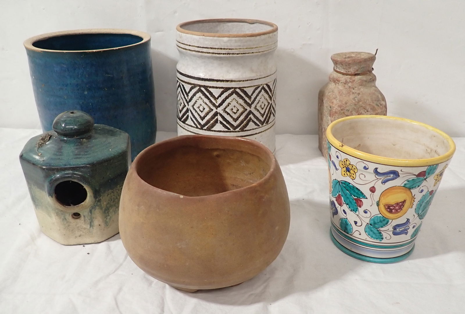 Pottery Planters, Crocks, Birdhouse & Misc: Tallest is approx 5 1/4" in diameter and 7 1/2" tall. Shipping available ($20 handling charge, plus postage)